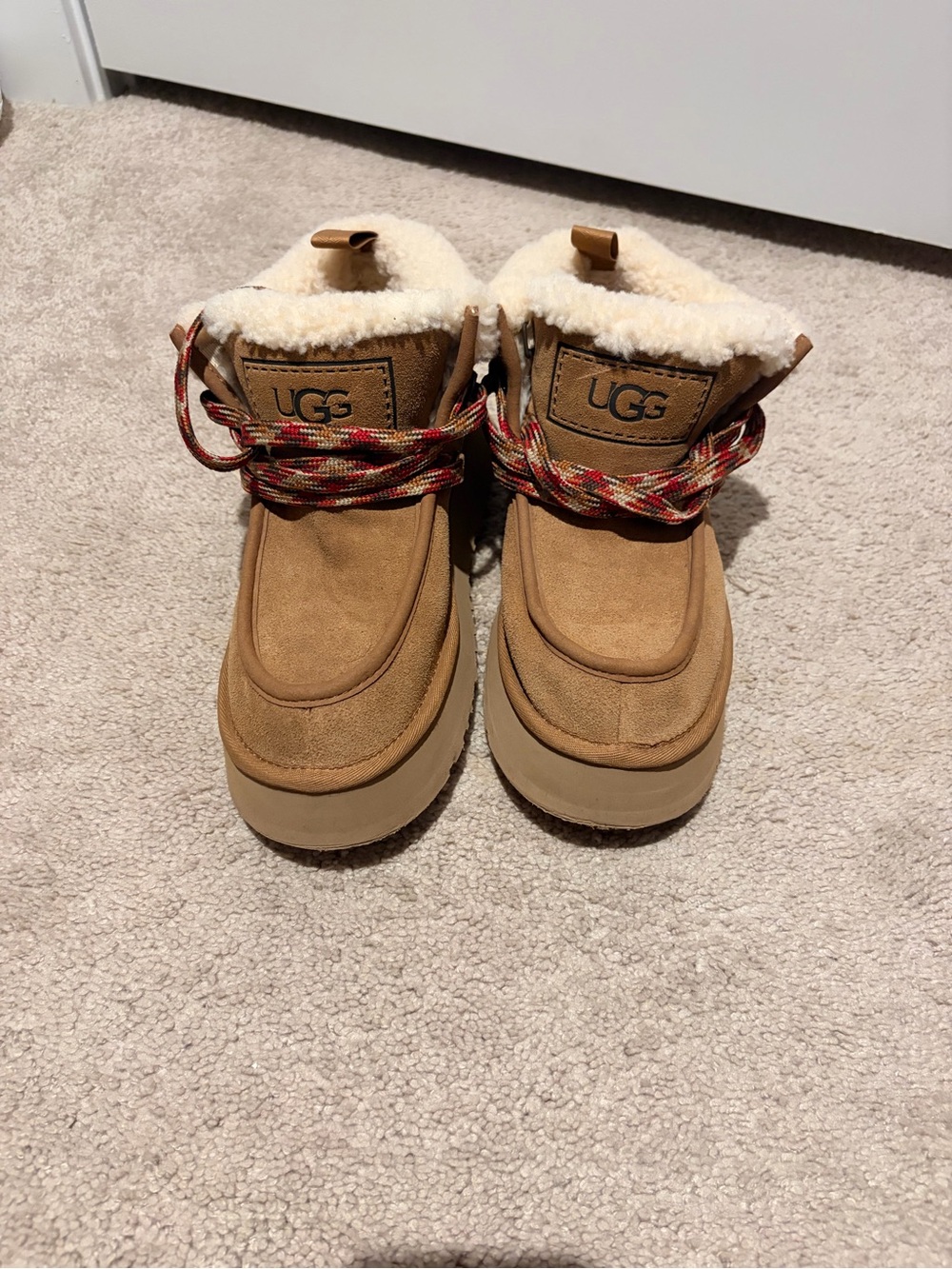 UGG Women Chestnut Suede Shearling-Lined Boot with Plaid Laces - Picture 2 of 8